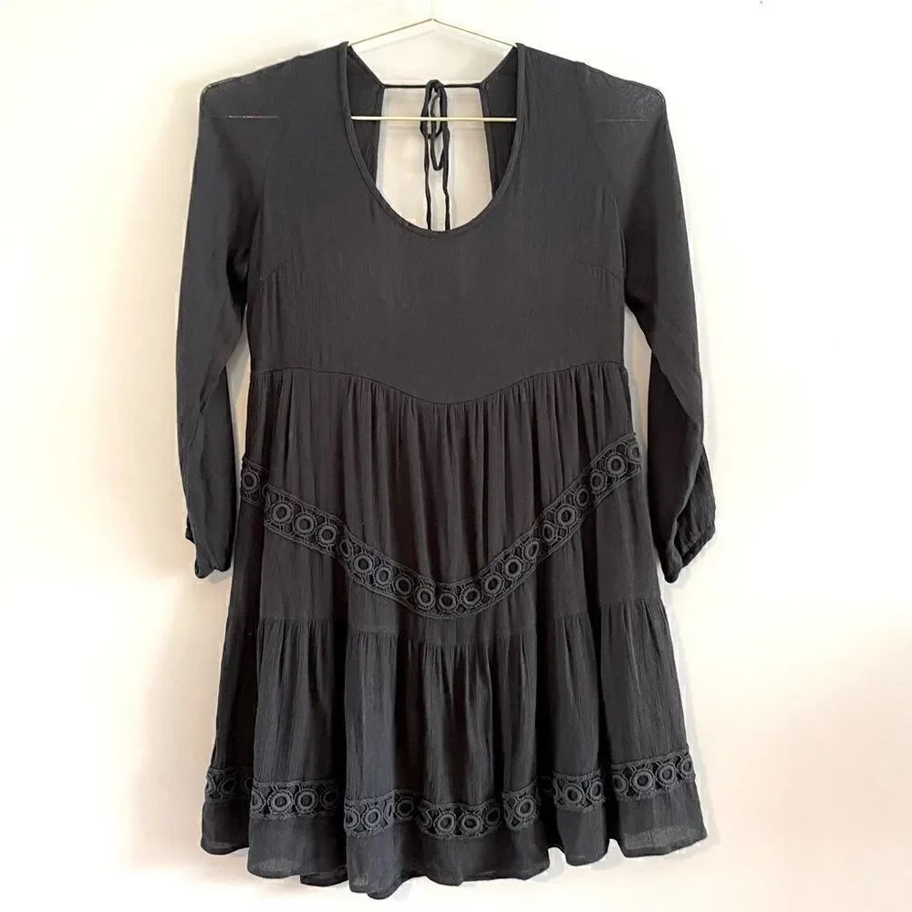 Lovers + Friends Babydoll Boho Long Sleeve Crochet Mini Dress || SZ XS || Black